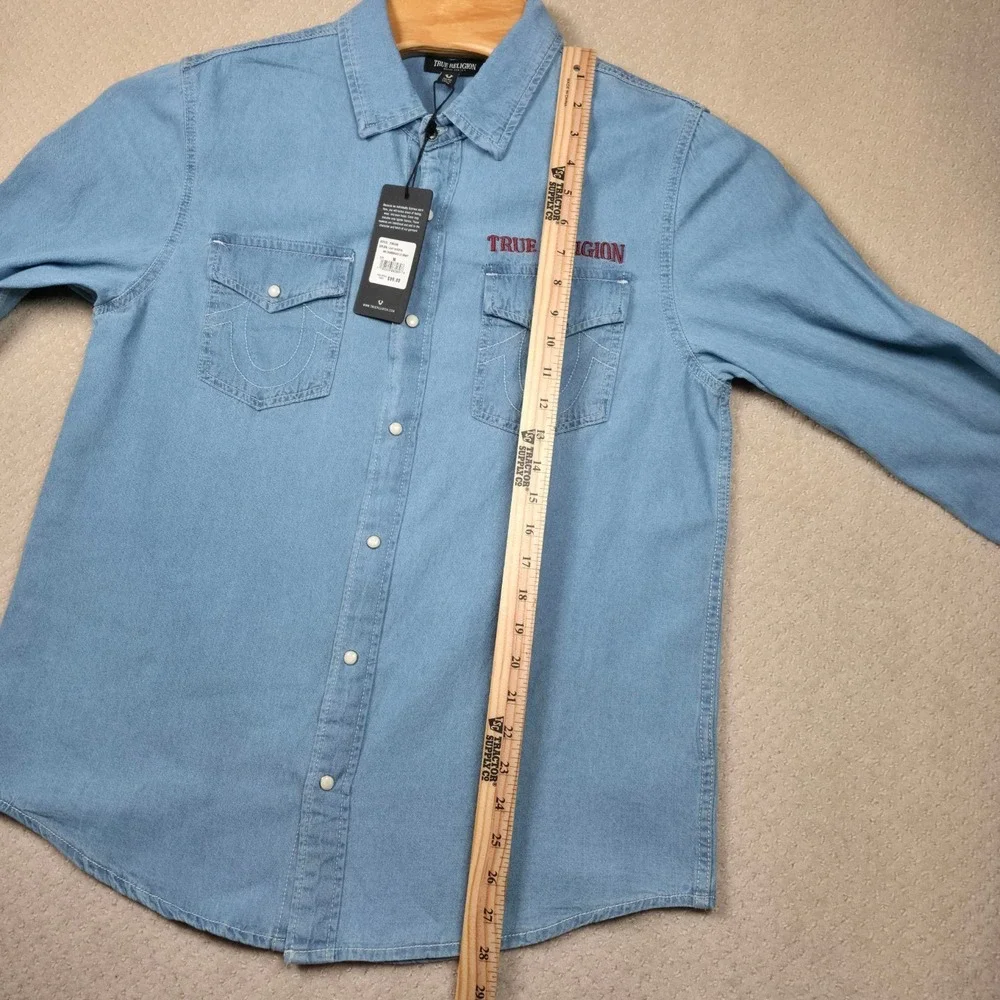 NWT True Religion Western Denim Shirt Men Medium Chambray Pearl Snap Embroidered